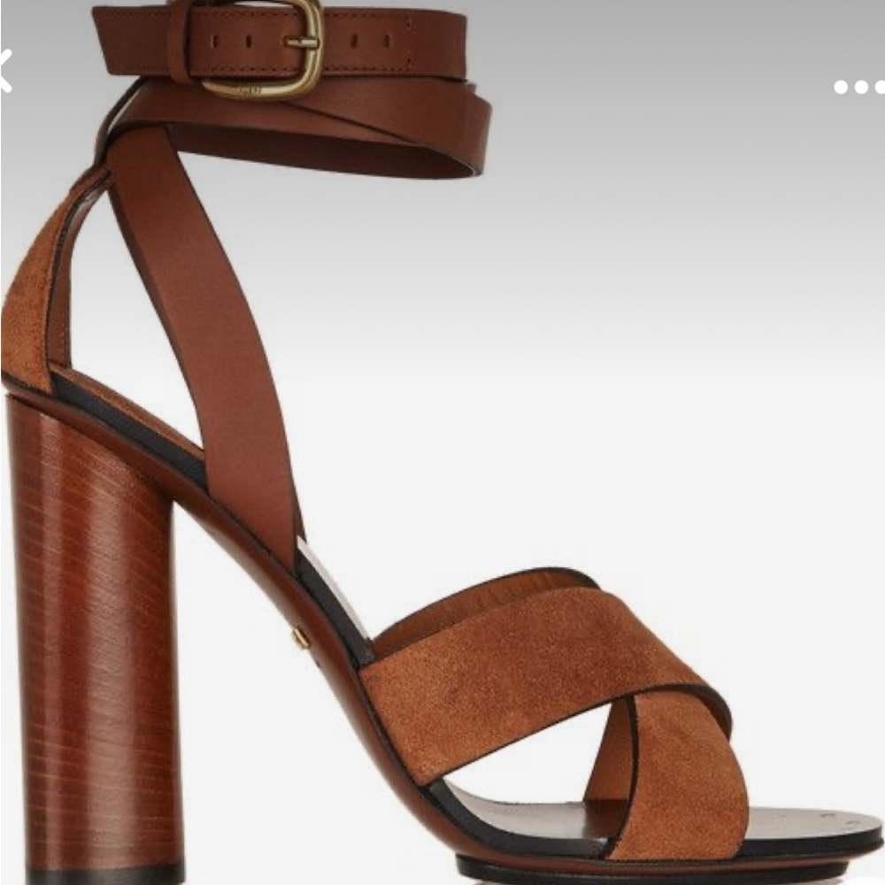 GUCCI ANKLE STRAP BROWN SUEDE STACKED HEELS